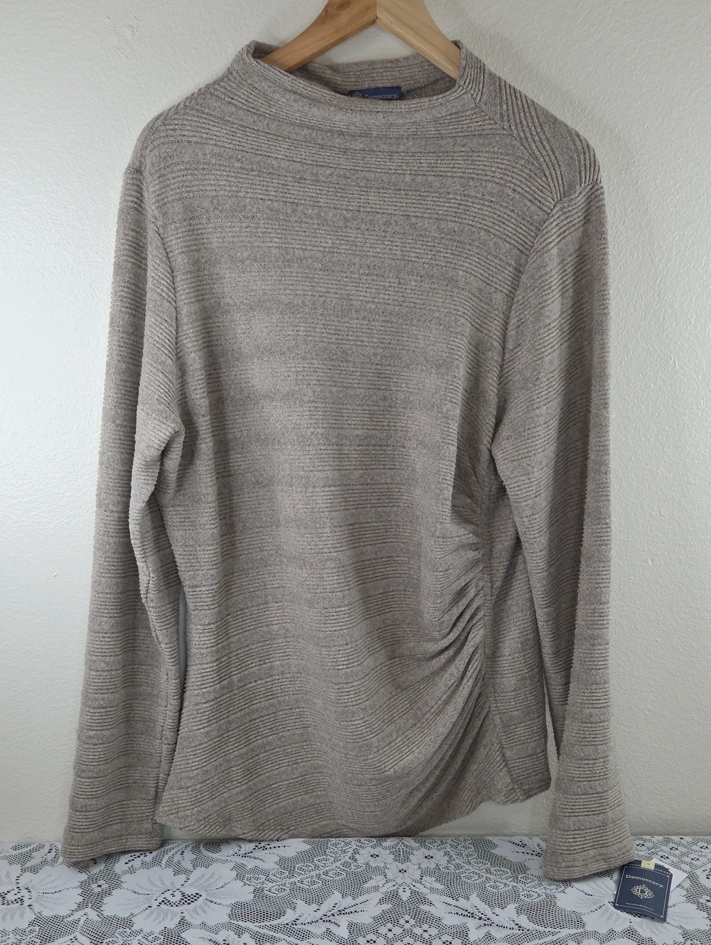 Democracy XL Ruched-Side Cowl Neck Sweater - Taupe Tan Pull Over NWT$58